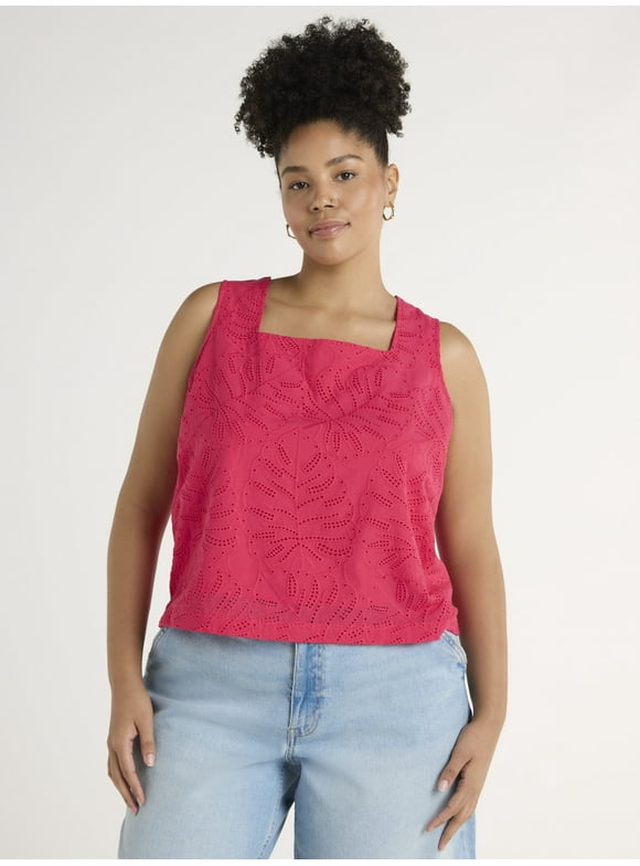 Women's and Women's Plus Eyelet Leaf Pattern Cotton Tank Top, XS-4X