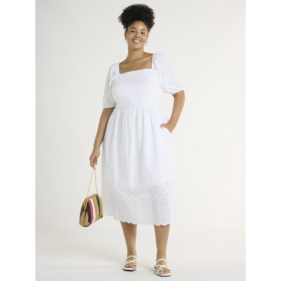 Time and Tru Women's and Women's Plus Eyelet Midi Dress, Sizes XS-4X