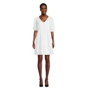 Time and Tru Women's and Women's Plus Eyelet Mini Dress with Puff Sleeves, Sizes XS-4X