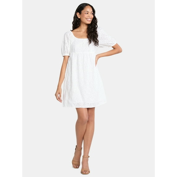 Time and Tru Women's and Women's Plus Eyelet Mini Dress with Puff Sleeves, Sizes XS-4X