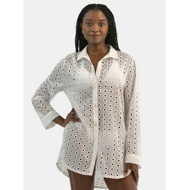 Time and Tru Women's and Women's Plus Eyelet Shirt Dress Coverup, Sizes XS-3X