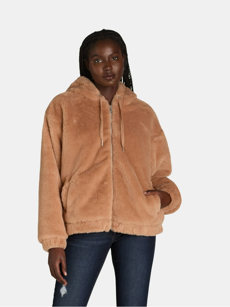 Time and Tru Women's and Women's Plus Faux Fur Hoodie Jacket