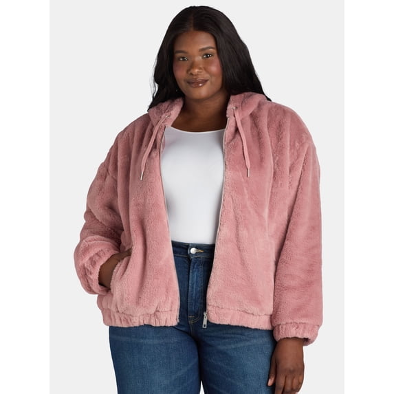 Time and Tru Women's and Women's Plus Faux Fur Hoodie Jacket, Sizes XS-2X
