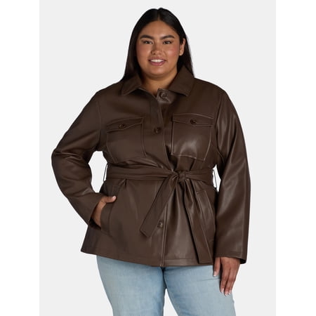 Time and Tru Women's and Women's Plus Faux Leather Cropped Belted Trench, Sizes XS-3X