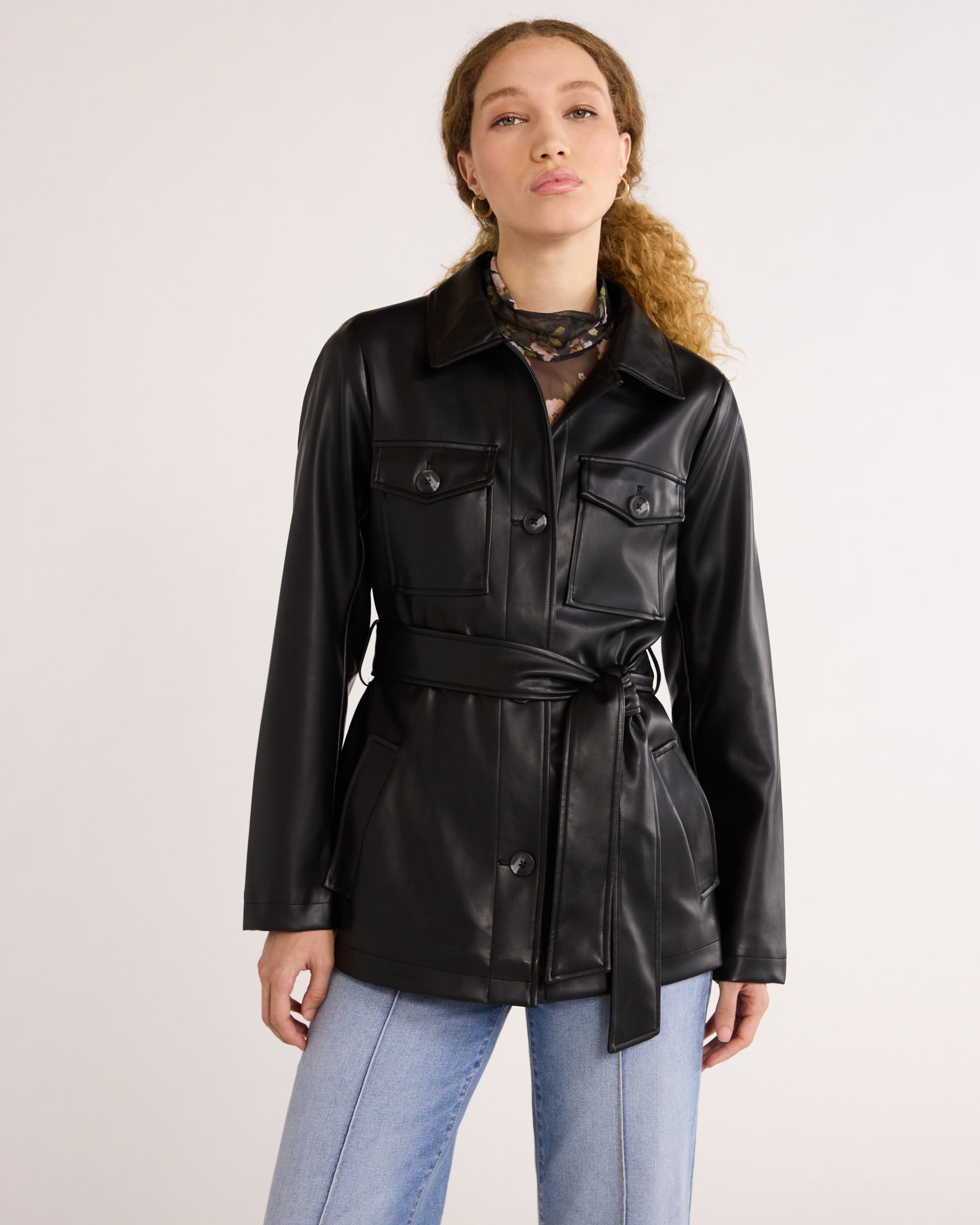 Time and Tru Women's and Women's Plus Faux Leather Cropped Belted Trench, Sizes XS-3X