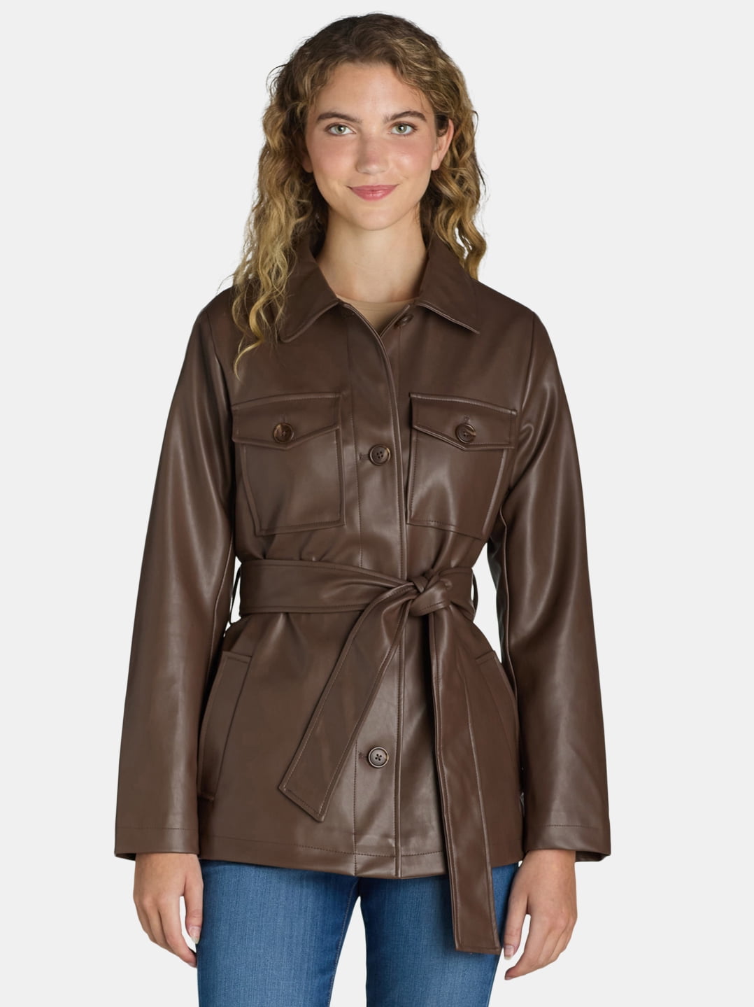 Time and Tru Women's and Women's Plus Faux Leather Cropped Belted Trench, Sizes XS-3X