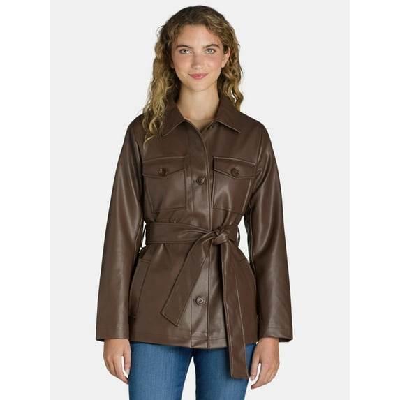 Time and Tru Women's and Women's Plus Faux Leather Cropped Belted Trench, Sizes XS-3X