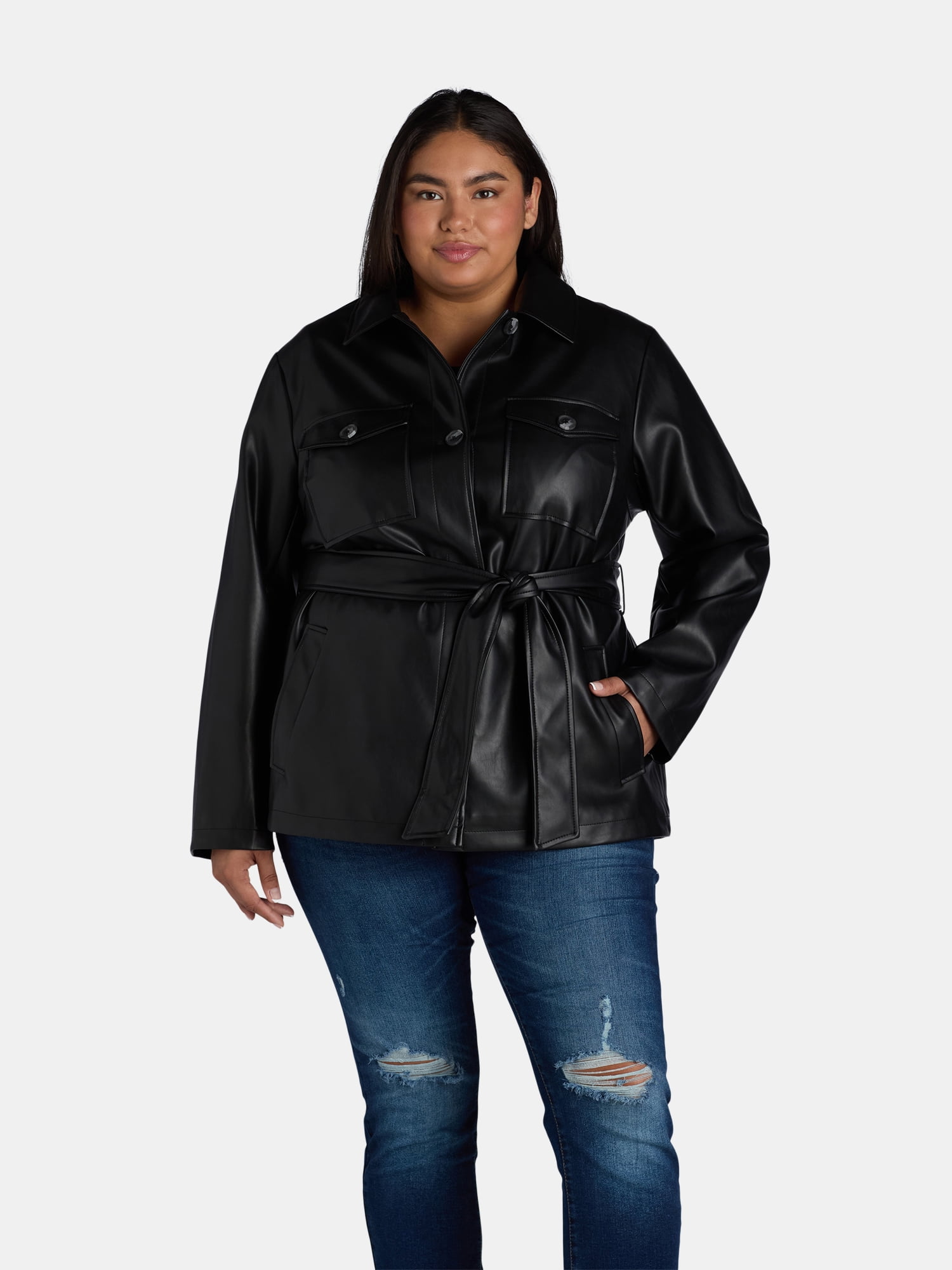 Time and Tru Women's Faux Leather Button Down Shacket, Sizes