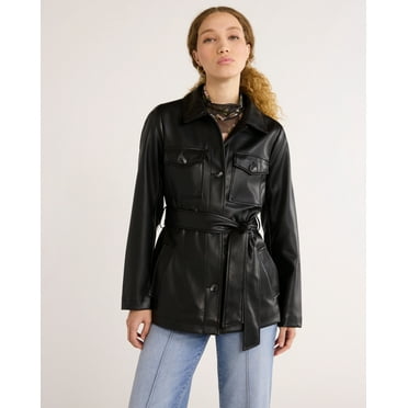 Time and Tru Women's and Women's Plus Faux Leather Cropped Belted Trench, Sizes XS-3X