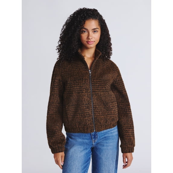 Time and Tru Women's and Women's Plus Faux Wool Bomber Jacket, Sizes XS-2X