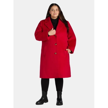 Time and Tru Women's and Women's Plus Faux Wool Boyfriend Coat, Sizes XS-3X