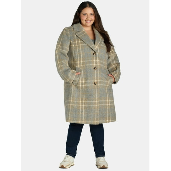 Time and Tru Women's and Women's Plus Faux Wool Boyfriend Coat, Sizes XS-3X