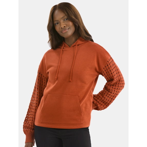 Time and Tru Women's and Women's Plus Fleece Hoodie with Crochet Long Sleeves, Sizes XS-4X