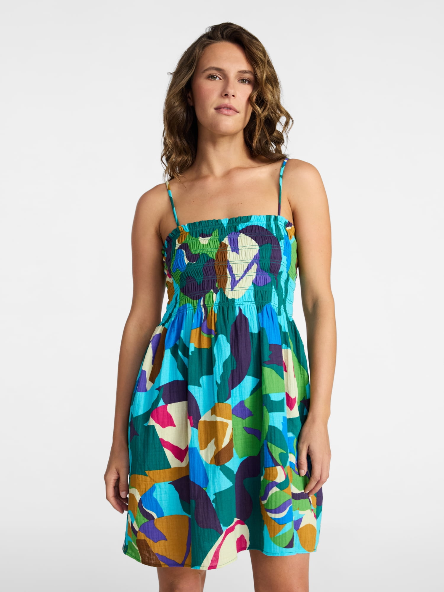 Time and Tru Women's and Women's Plus Smocked Cotton Mini Dress Coverup, Sizes XS-3X