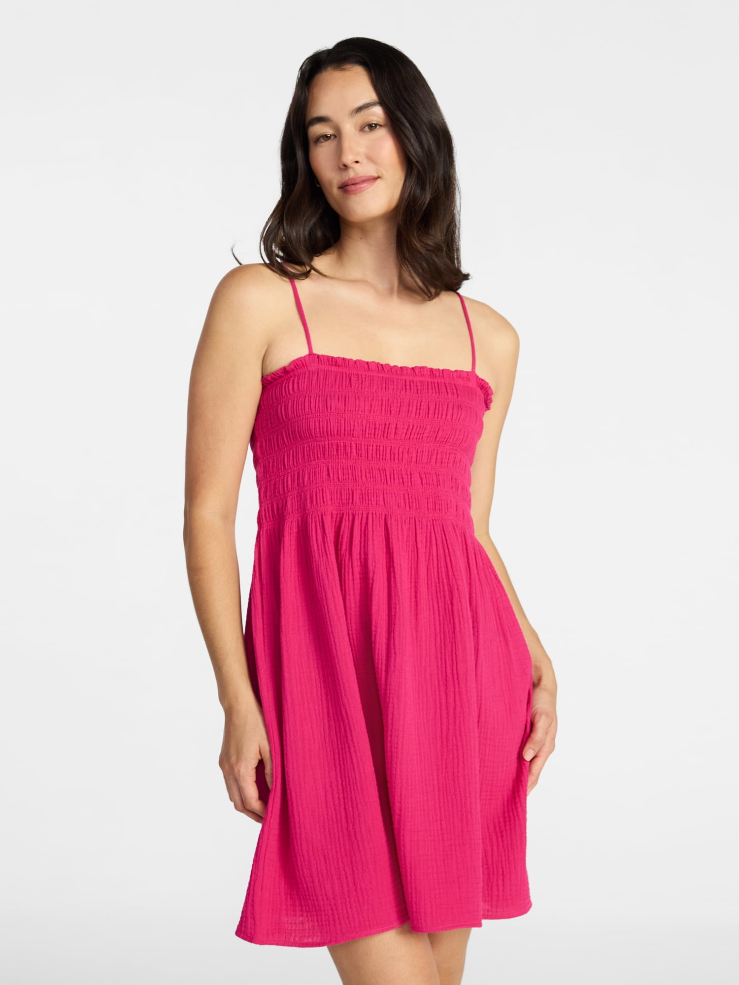 Time and Tru Women's and Women's Plus Smocked Cotton Mini Dress Coverup, Sizes XS-3X