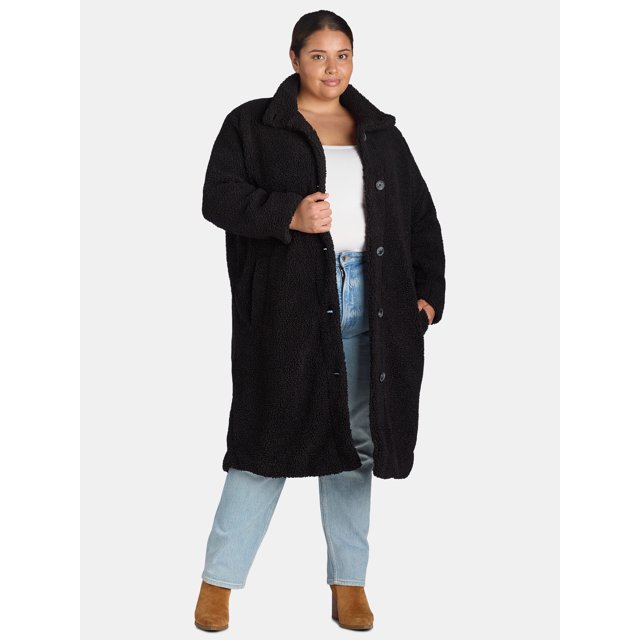 Time and Tru Women's and Women's Plus Teddy Fleece Coat with Funnel