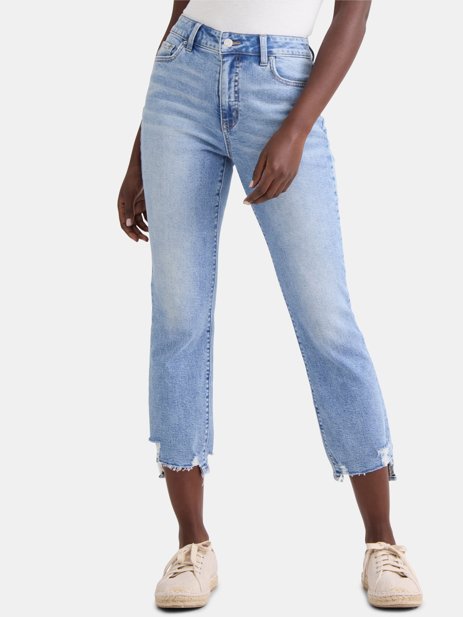 Time and Tru Women's and Women’s Plus High Rise Straight Leg Jeans with Raw Hem, 27.5” Inseam, Sizes 0-22