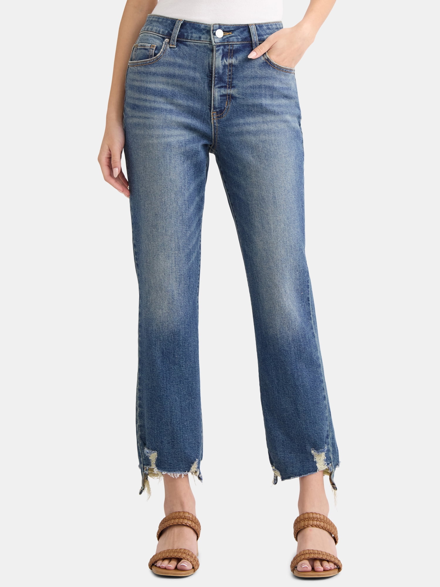 Real Teal Raw Hem Unique Cuffs Straight High Rise Loose Jeans