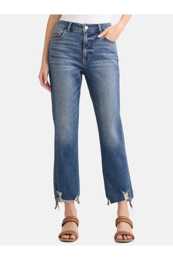 Women's and Women’s Plus High Rise Straight Leg Jeans with Raw Hem, 27.5” Inseam, Sizes 0-22