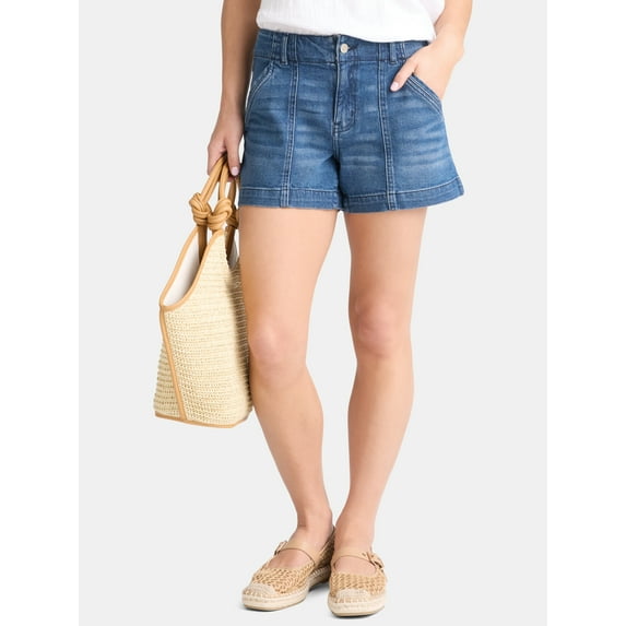 Time and Tru Women's and Women’s Plus High Rise Denim Utility Shorts, Sizes 0-22