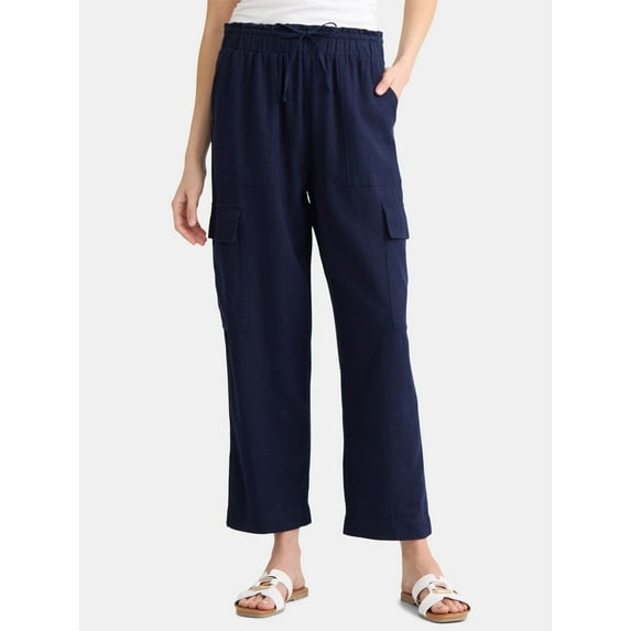 Time and Tru Women’s and Women’s Plus Linen Blend Cropped Cargo Pants, 27" Inseam, Sizes XS-3XL