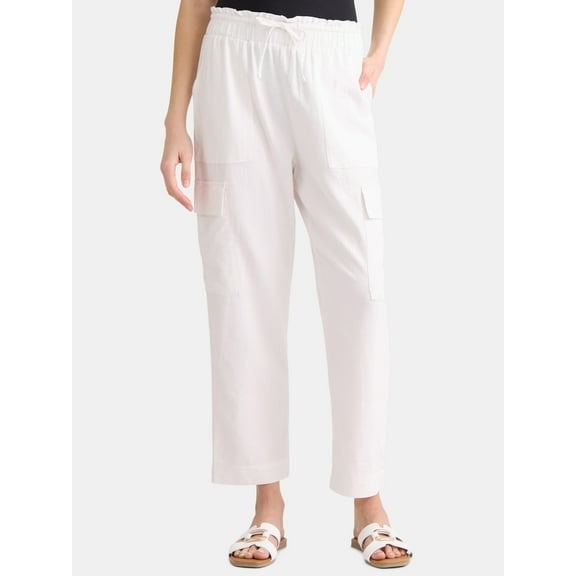 Time and Tru Women’s and Women’s Plus Linen Blend Cropped Cargo Pants, 27" Inseam, Sizes XS-3XL