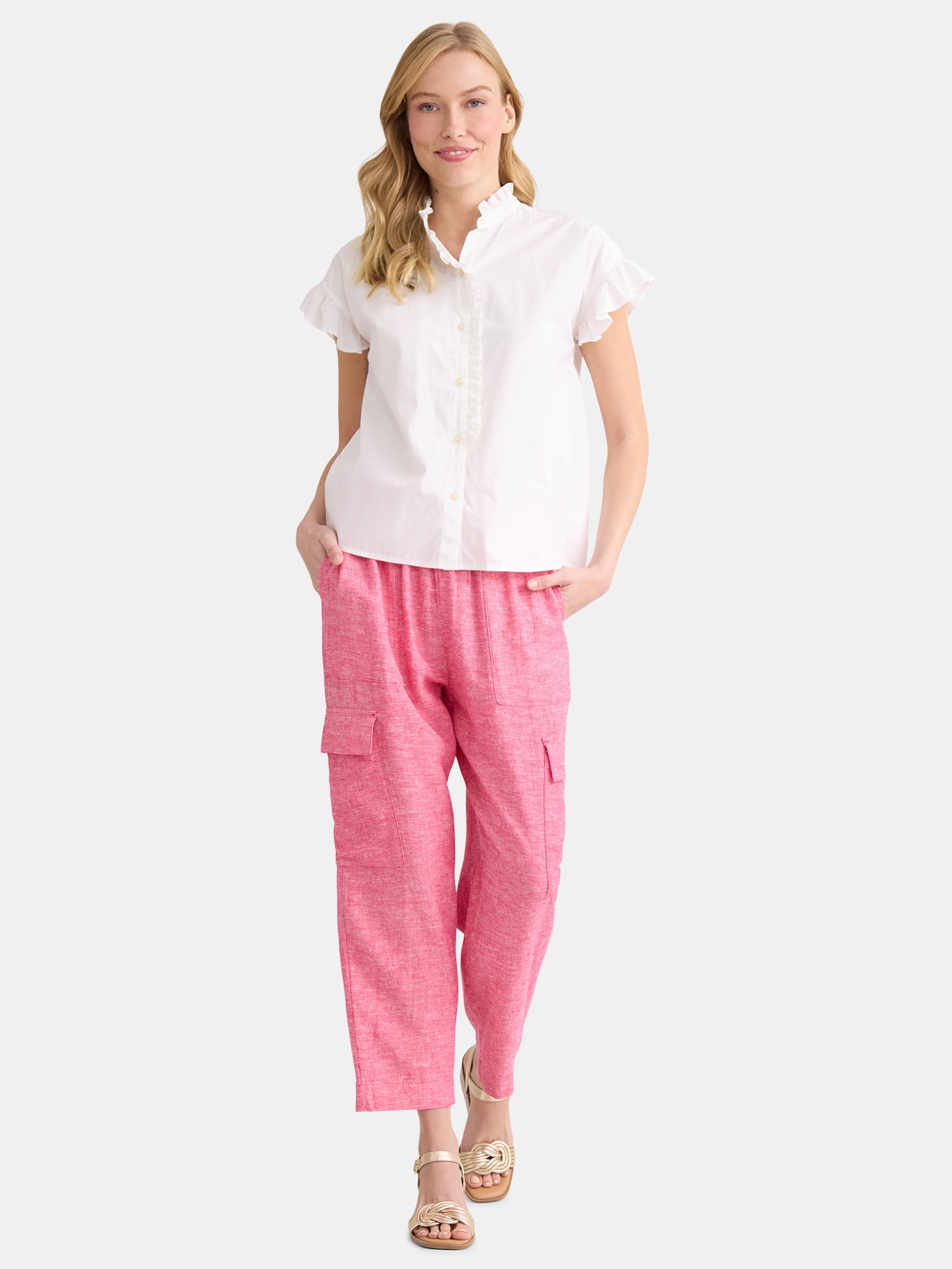 Time and Tru Women’s and Women’s Plus Linen Blend Cropped Cargo Pants, 27" Inseam, Sizes XS-3XL