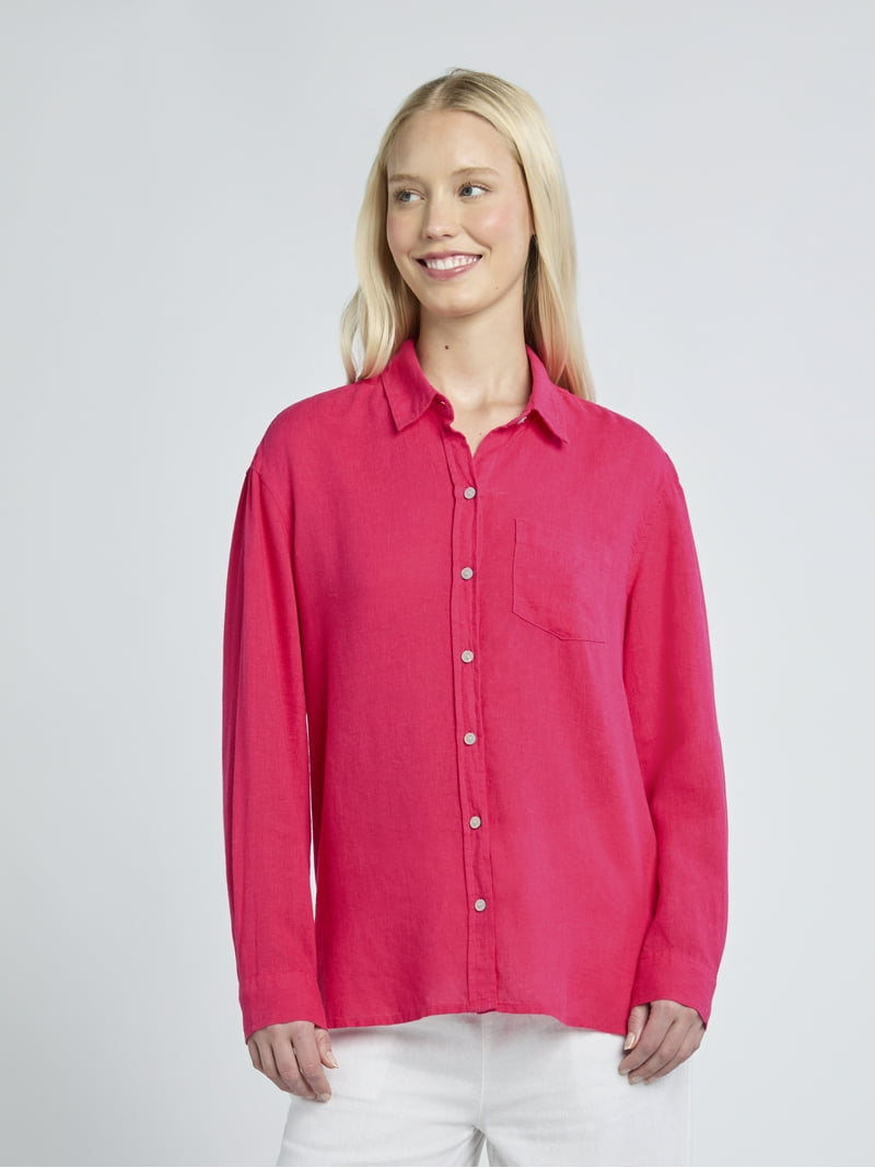 Women's Linen Mix Oversized Long Sleeve Shirt - Loose Fit Button Down Top