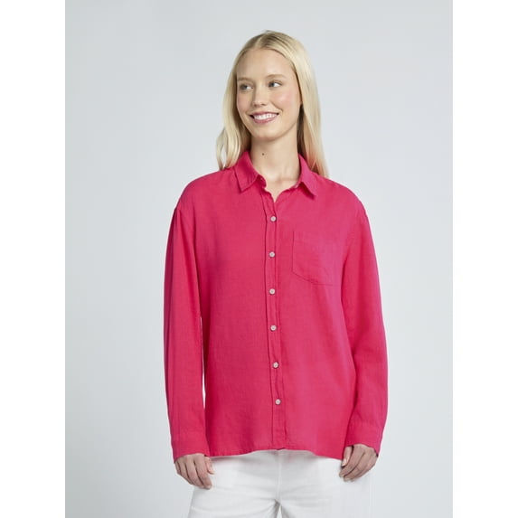 Time and Tru Women's and Women's Plus Linen Blend Oversized Shirt, Sizes XS-4X
