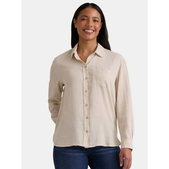 Time and Tru Women's and Women's Plus Linen Blend Oversized Shirt, Sizes XS-4X