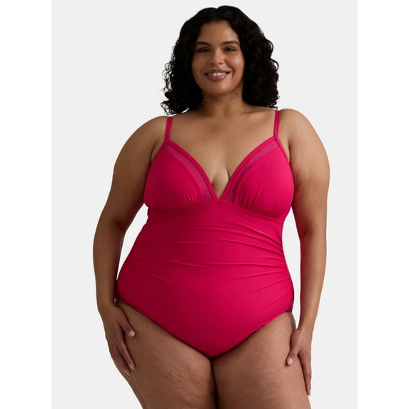 Time and Tru Women’s and Women’s Plus Mesh Inset One Piece Swimsuit, Sizes XS-3X