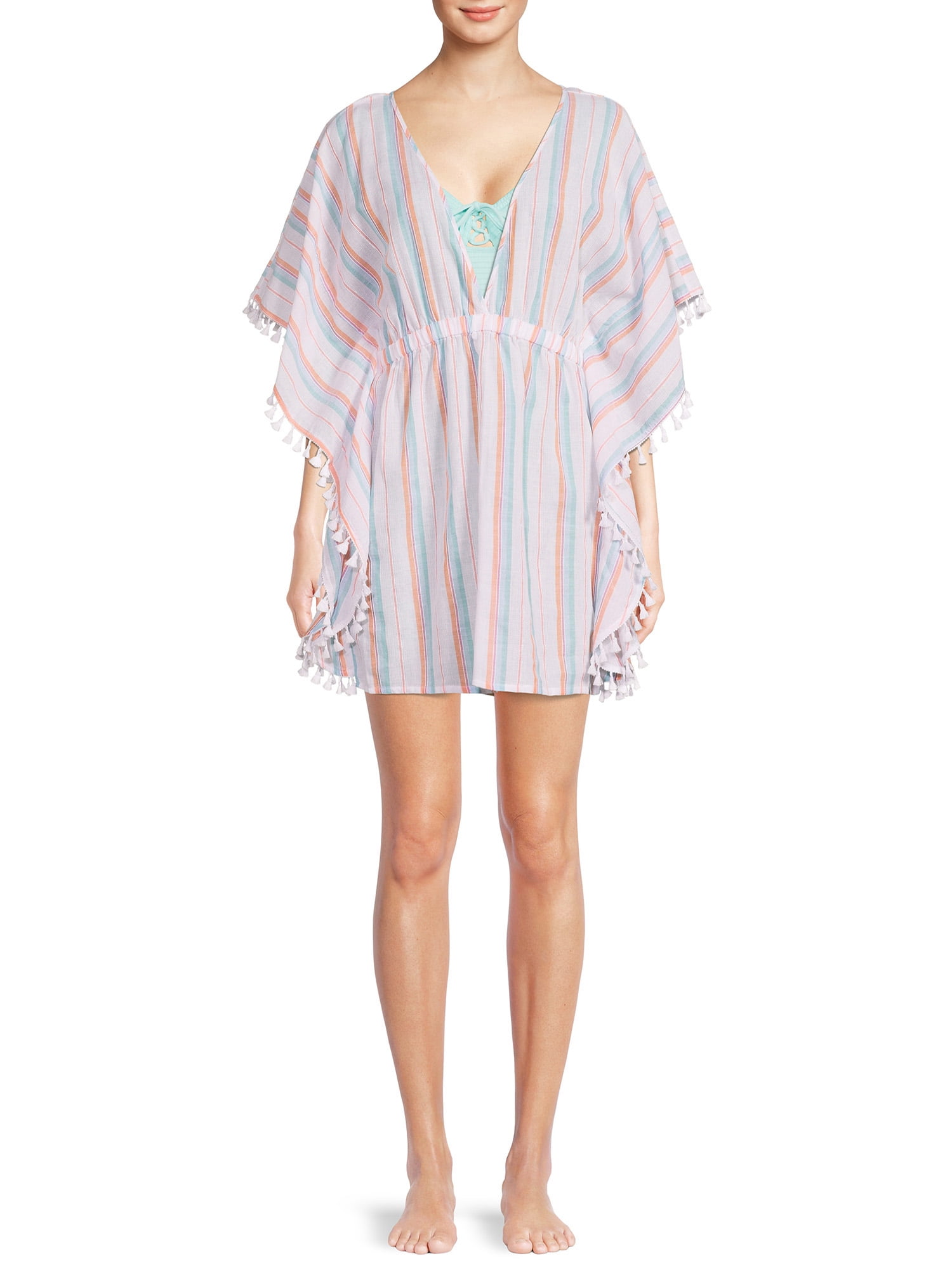 Time and Tru Women's and Women's Plus Metallic Striped Caftan CoverUp