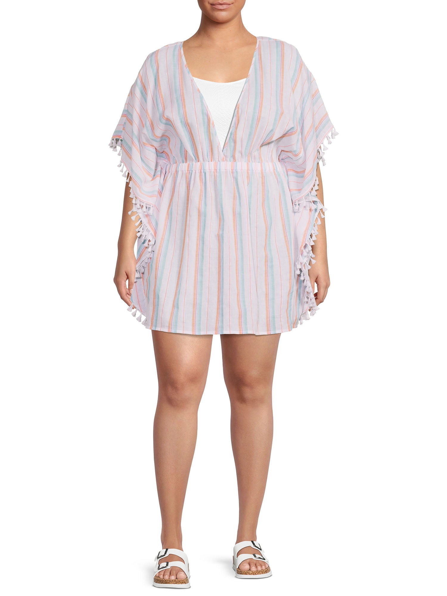 Time and Tru Women's and Women's Plus Metallic Striped Caftan Cover-Up ...