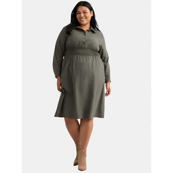 Time and Tru Women's and Women's Plus Midi Shirtdress with Long Sleeves, Sizes XS-4X