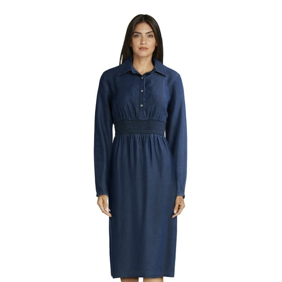 Time and Tru Women's and Women's Plus Midi Shirtdress with Long Sleeves, Sizes XS-4X