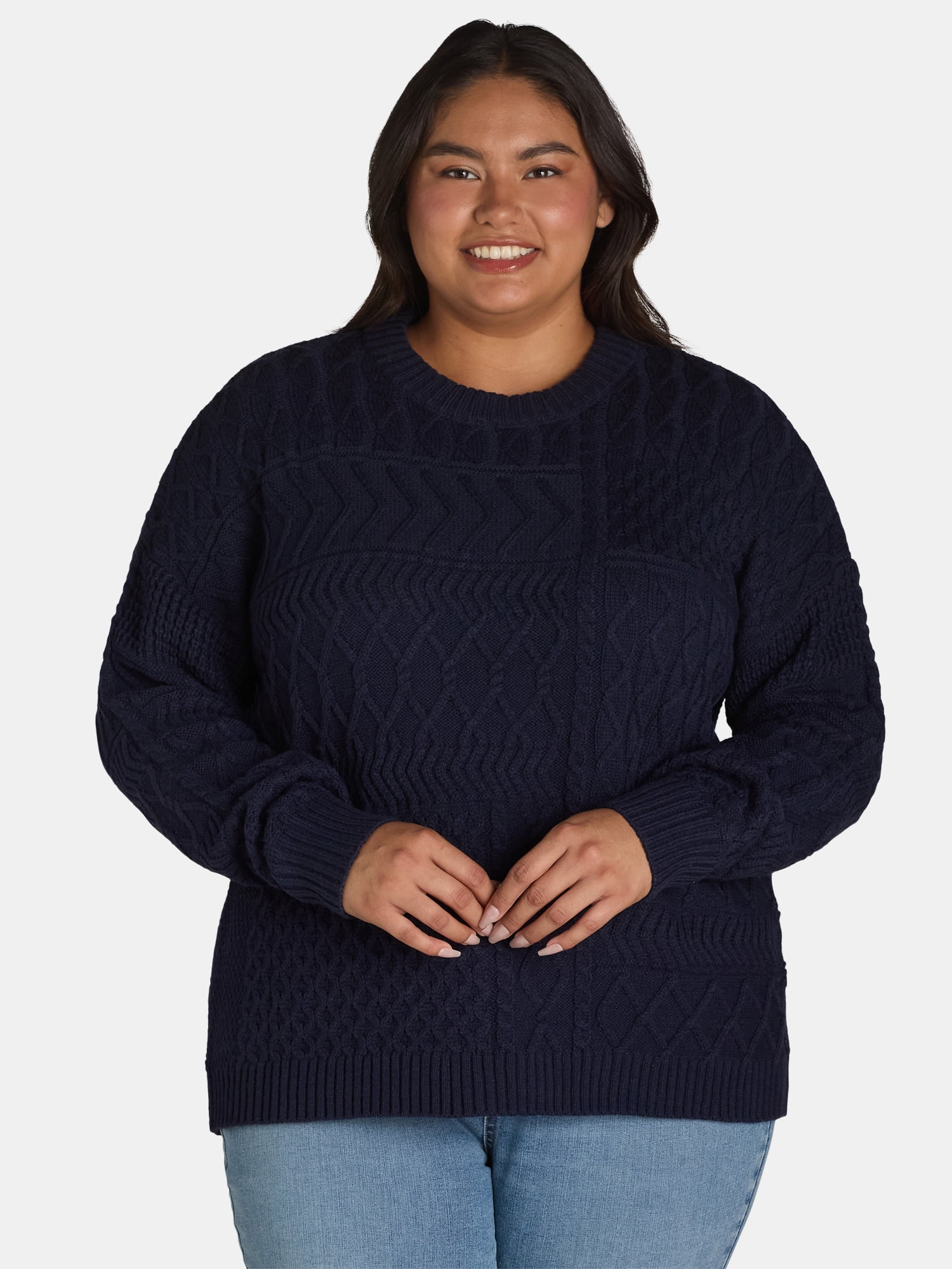 Time and Tru Women's and Women's Plus Mixed Stitch Sweater, Sizes XS-4X