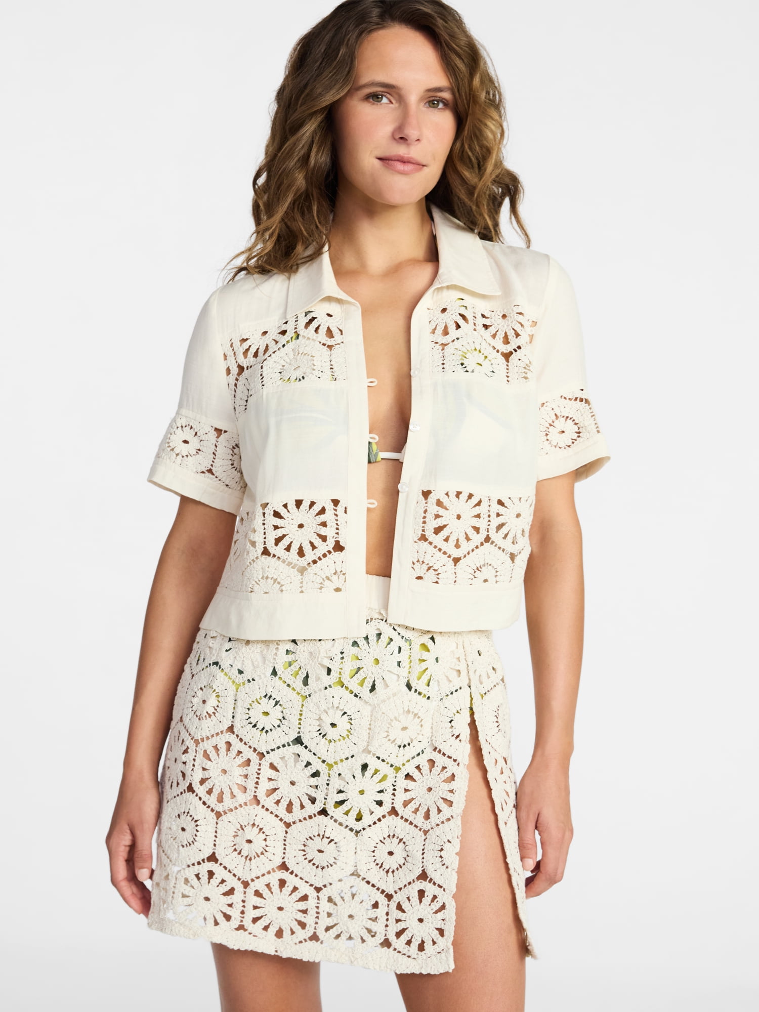 Time and Tru Women's and Women's Plus Size Palm Crochet Coverup Top, Sizes XS-3X