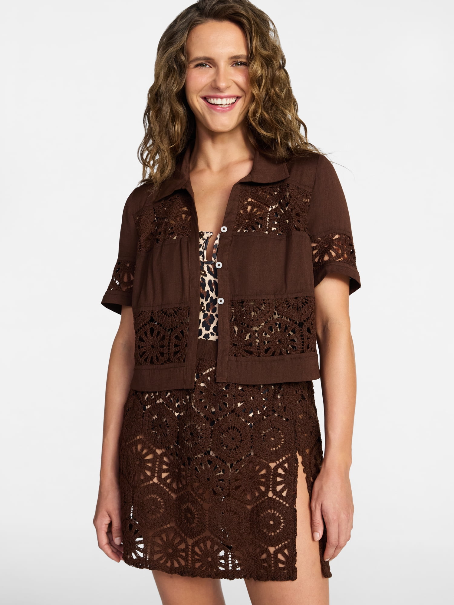 Time and Tru Women's and Women's Plus Size Palm Crochet Coverup Top, Sizes XS-3X