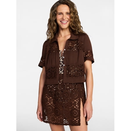 Time and Tru Women's Palm Crochet Coverup Top, Sizes XS-3X