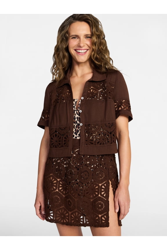 Women's and Women's Plus Size Palm Crochet Coverup Top, Sizes XS-3X