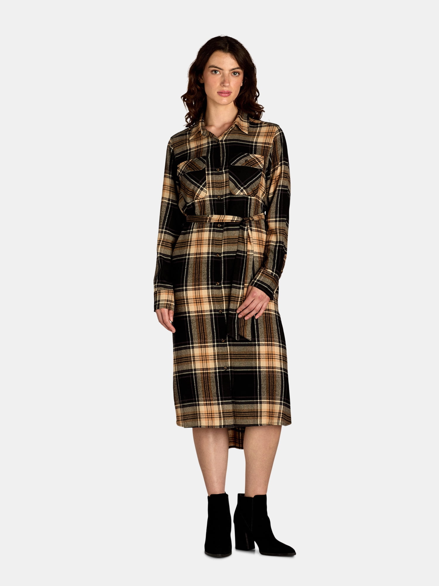 Time and Tru Women's Cotton Rayon Plaid Button Front Dress
