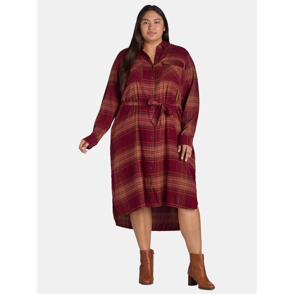 Time and Tru Women’s and Women’s Plus Plaid Button Front Dress with Belt, Sizes XS-4X