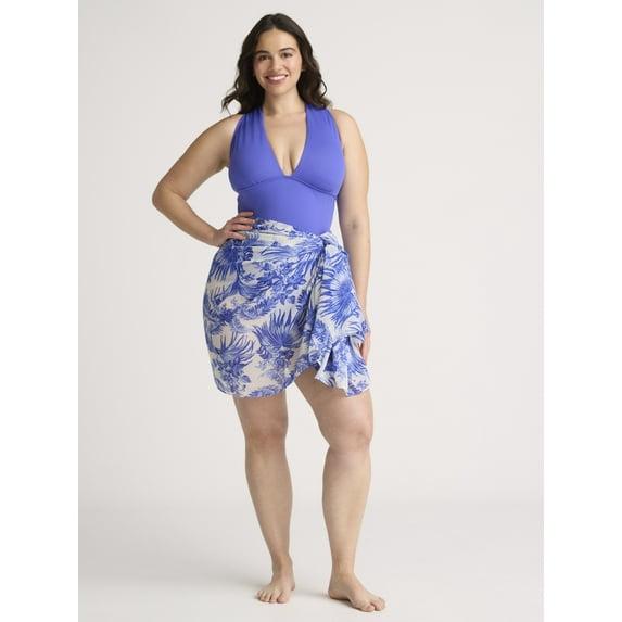 Time and Tru Women's and Women's Plus Plunge One Piece Swimsuit and Pareo Set, 2-Piece, Sizes XS-3X