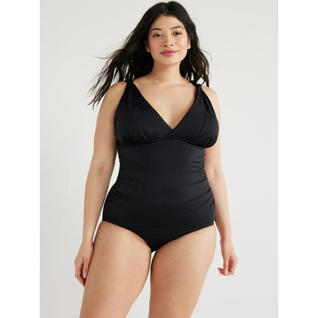 Time and Tru Women's and Women's Plus Plunge One Piece Swimsuit, Sizes XS-3X