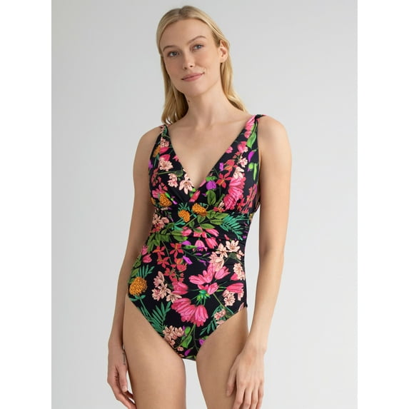 Time and Tru Women's and Women's Plus Plunge One Piece Swimsuit, Sizes XS-3X
