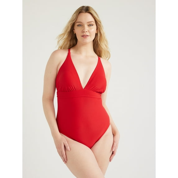Time and Tru Women's and Women's Plus Plunge X Back One Piece Swimsuit, Sizes XS-2X