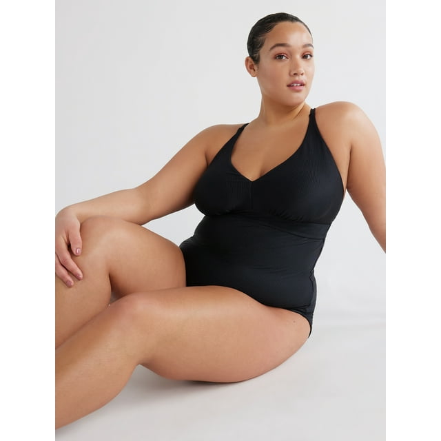Time and Tru Women's and Women's Plus Plunge X Back One Piece Swimsuit, Sizes XS-2X