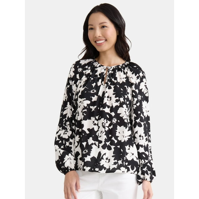 Time and Tru Women’s and Women’s Plus Printed Smocked Blouse, Sizes XS-4X