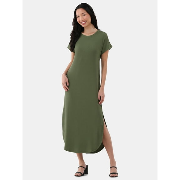 Time and Tru Women's and Women's Plus Rib Maxi Dress with Short Sleeves, Sizes XS-4X
