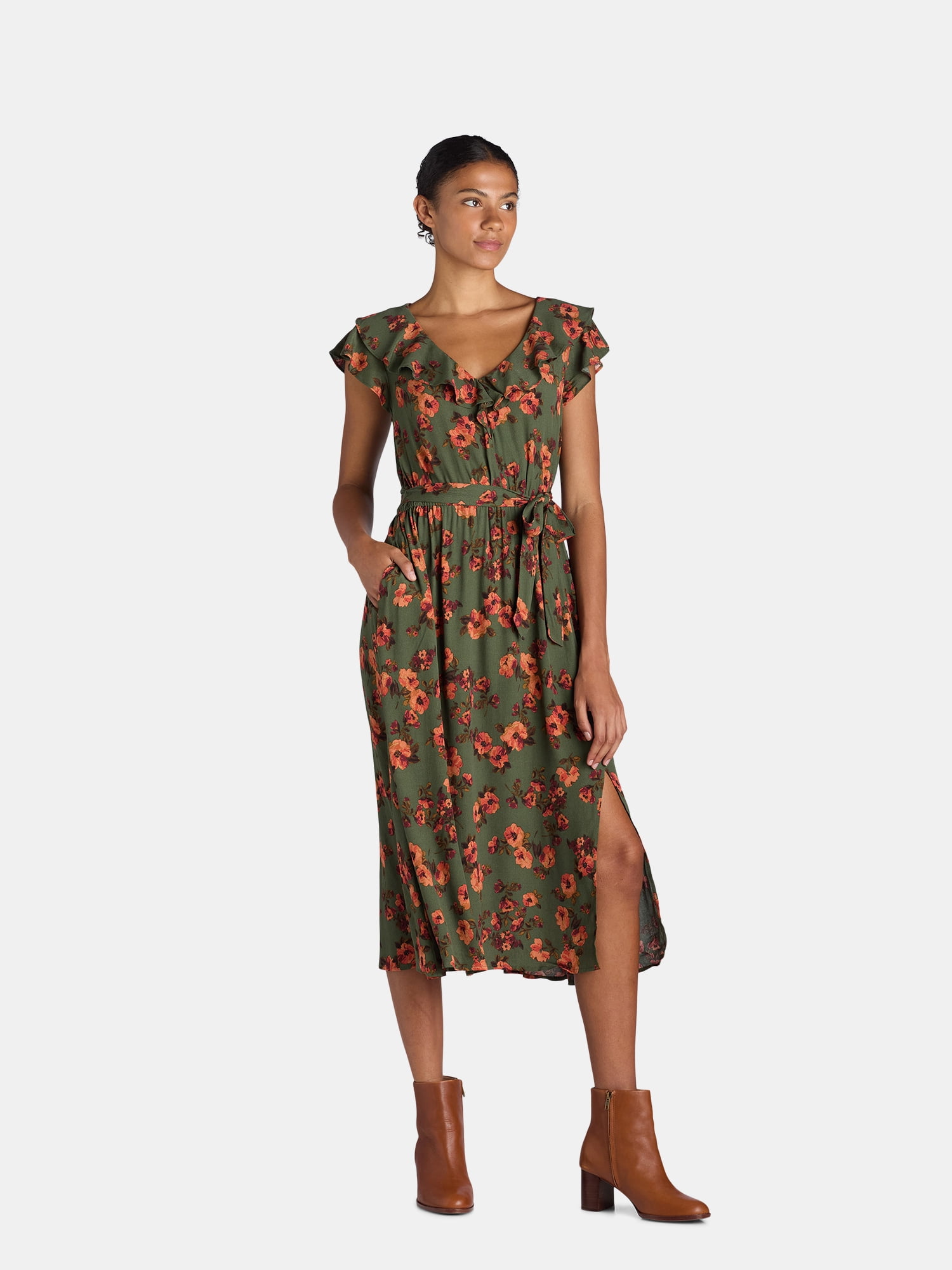 Time and Tru Women's and Women's Plus Ruffle Neck Midi Dress, Sizes XS-4X